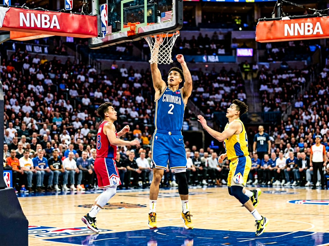 NBA比赛现场，球员在球场上完成精彩扣篮